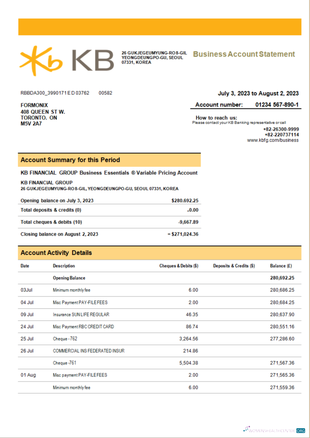 KB Financial Group bank company checking account statement Word and PDF template